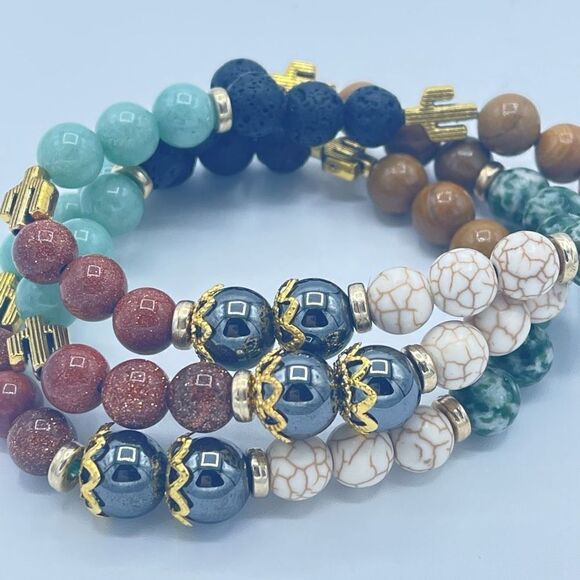 Desert cowgirl 2 beaded stretch bracelet ONE NEW sandstone hematite lava Amazoni - Picture 2 of 8